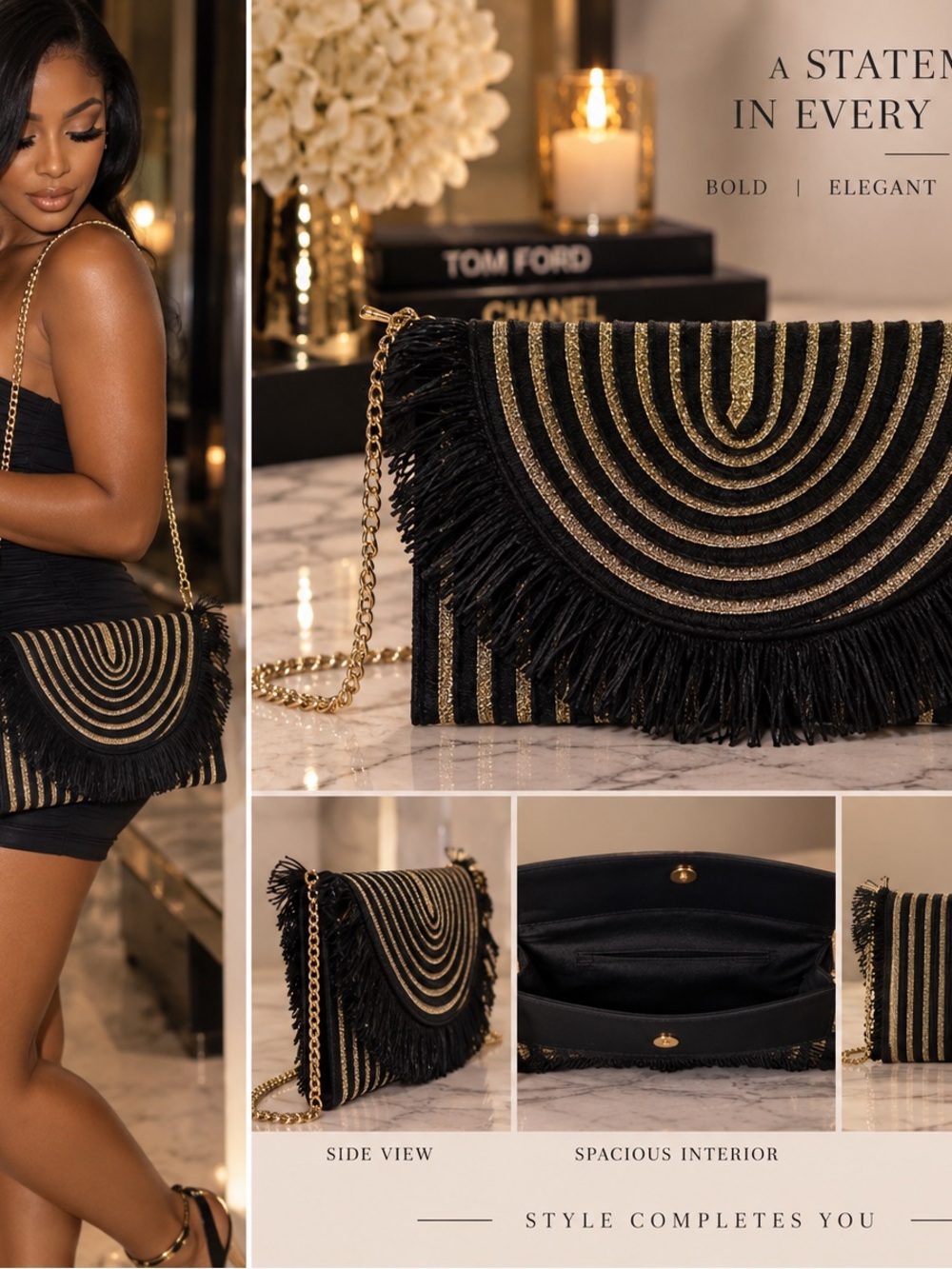 Black & Gold Fringe Chain Clutch